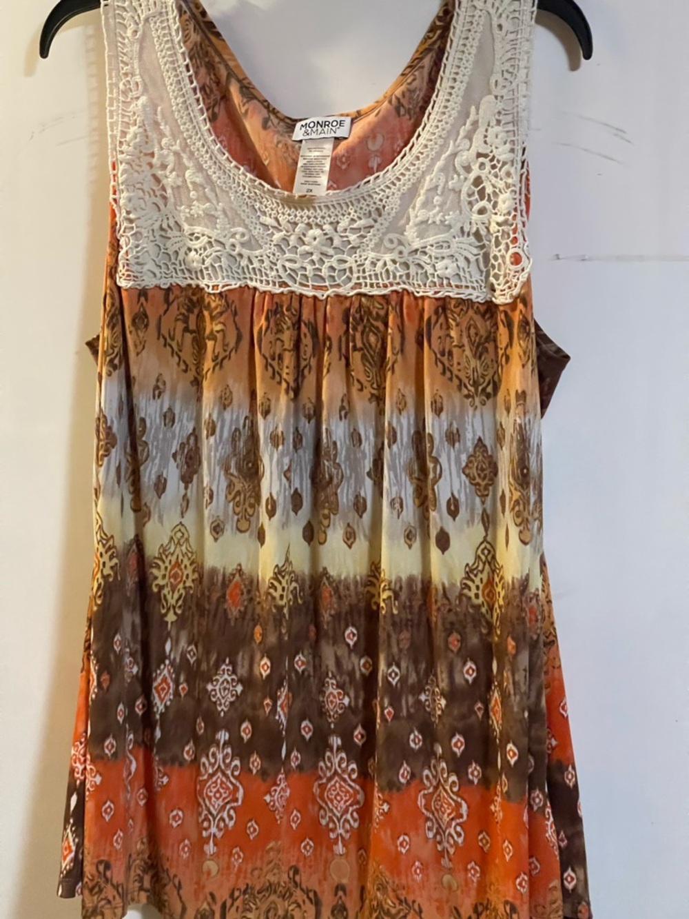 Monroe & Main Cream Crochet Yoke Ombre Orange Brown Tank